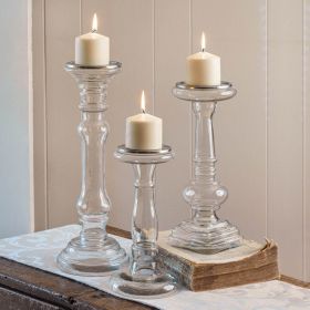 Set of Three Glass Pillar Candle Holders - Elegant Home Decor Accessories for Candles