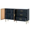 Modern Sideboard MDF Buffet Cabinet Marble Sticker Tabletop and Amber-yellow Tempered Glass Doors with Gold Metal Legs & Handles (Navy Blue)